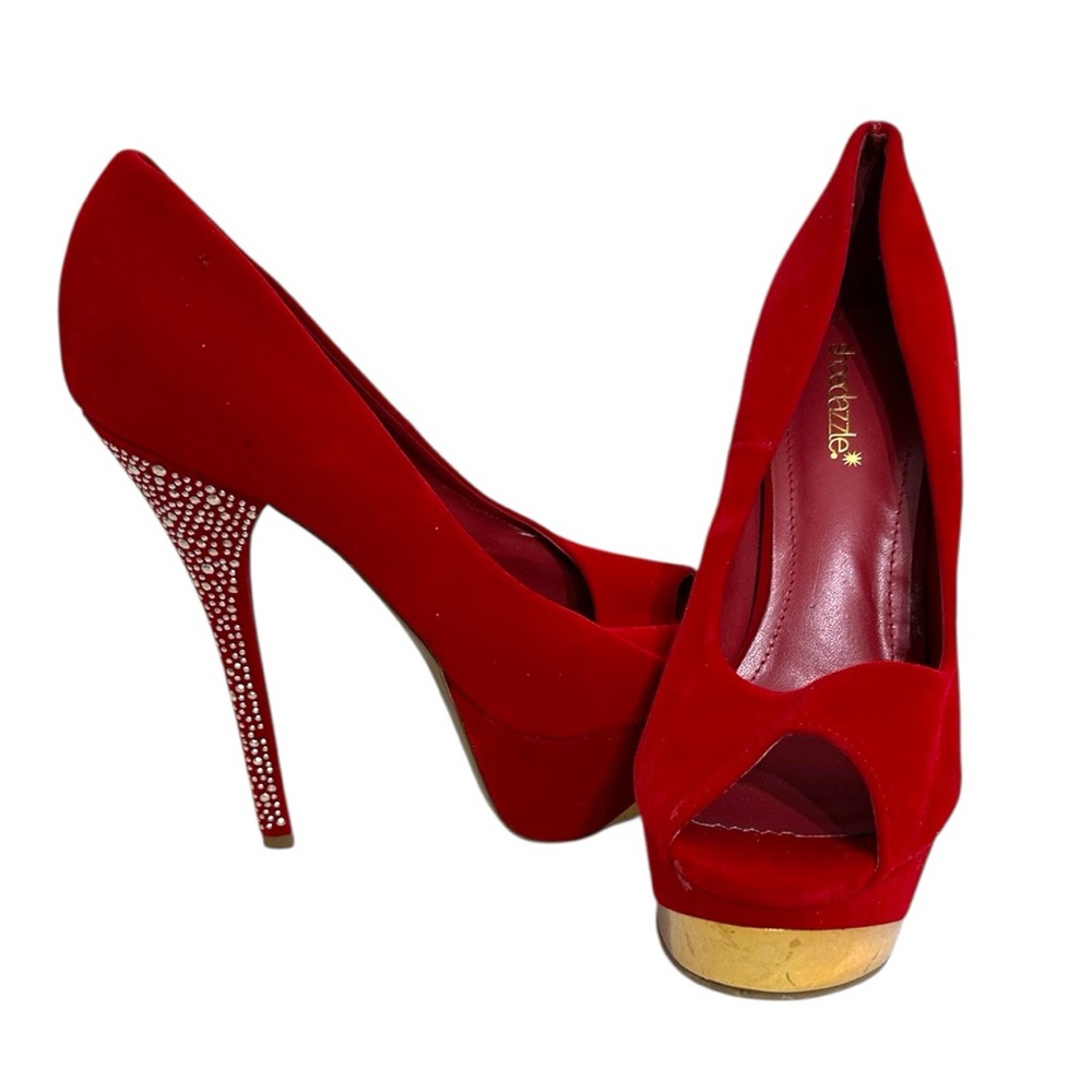 Shoedazzle Red Rhinestone Stiletto Platform Heels Size 9 Y2K Sparkle Glam Pumps